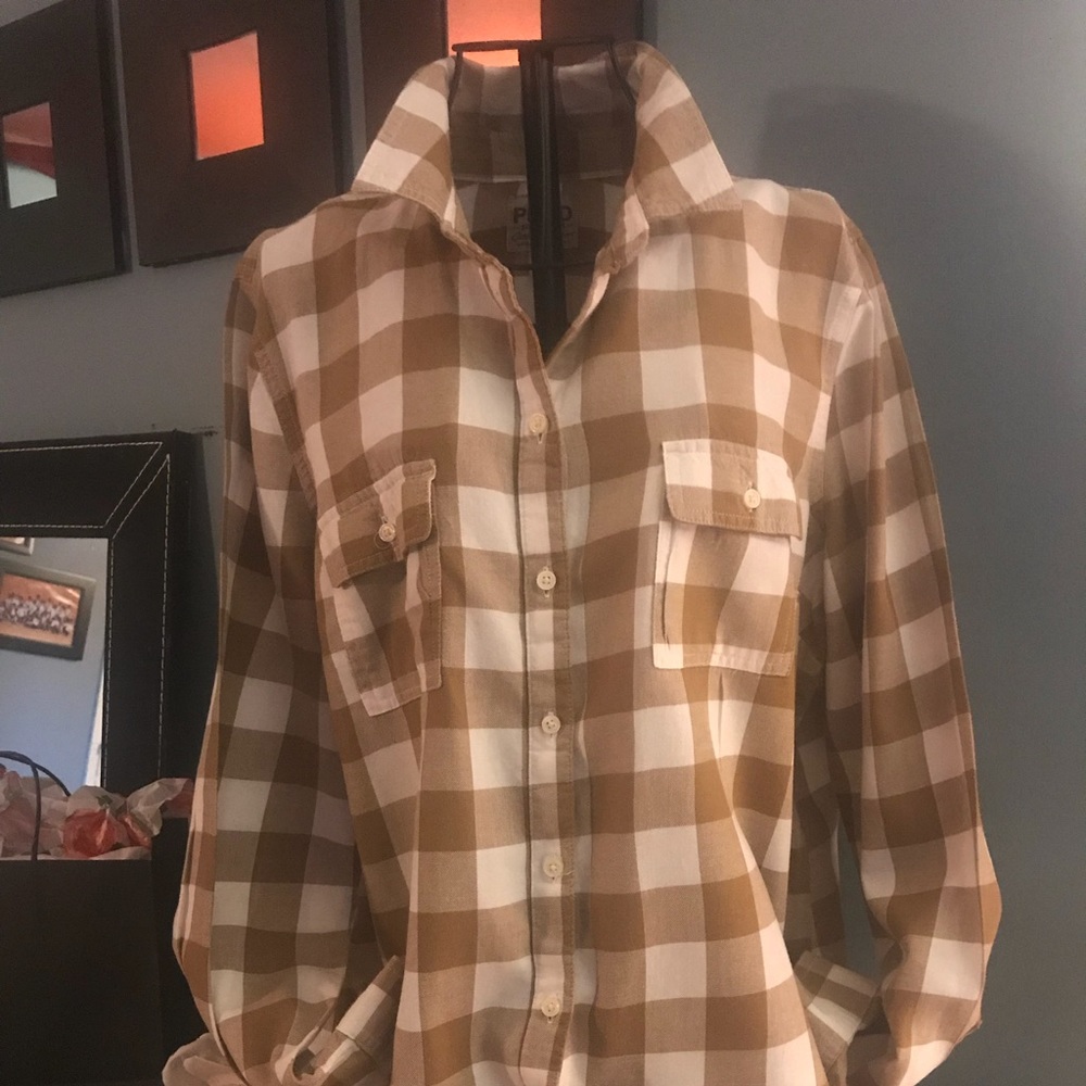 Tan and cream plaid long sleeved button up.